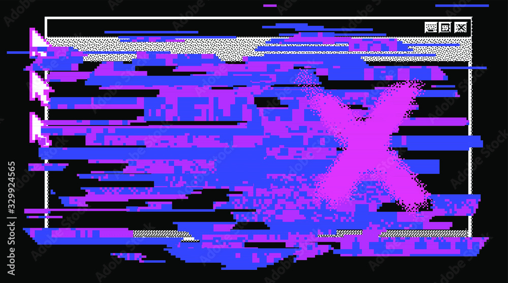 Poster Computer screen with glitched pixels and noise. VHS camera effect like in old videotape rewind. 