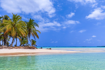Beautiful lonely San Blas island at politically autonomous Guna territory in Panama. Turquoise tropical Sea, landmark travel destination in Central America