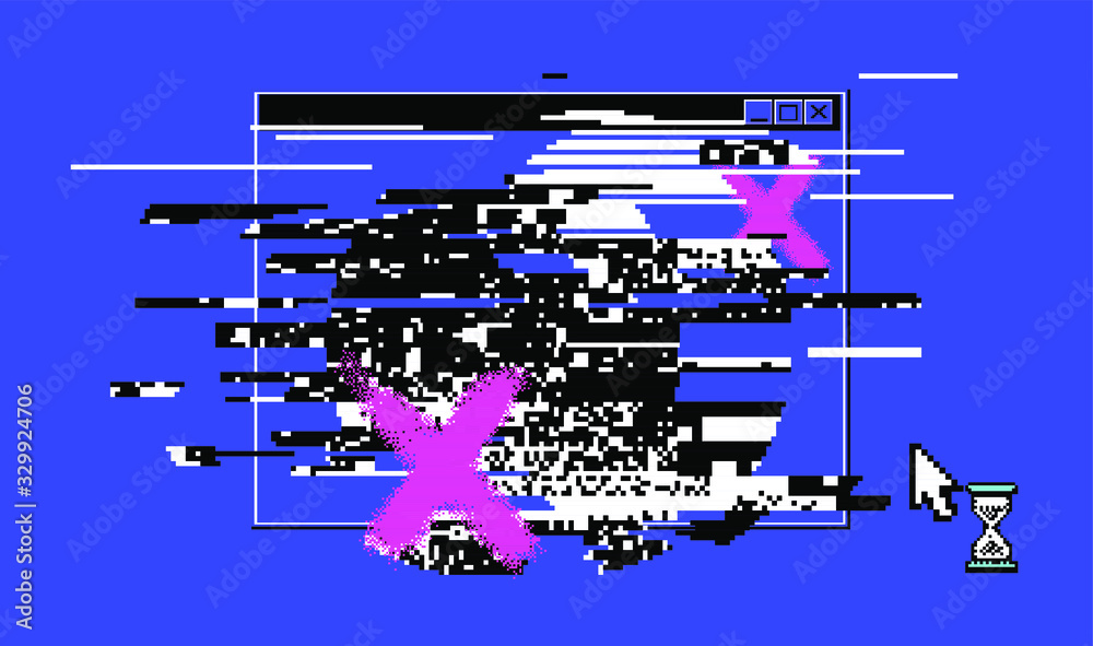 Poster Computer screen with glitched pixels and noise. VHS camera effect like in old videotape rewind. 