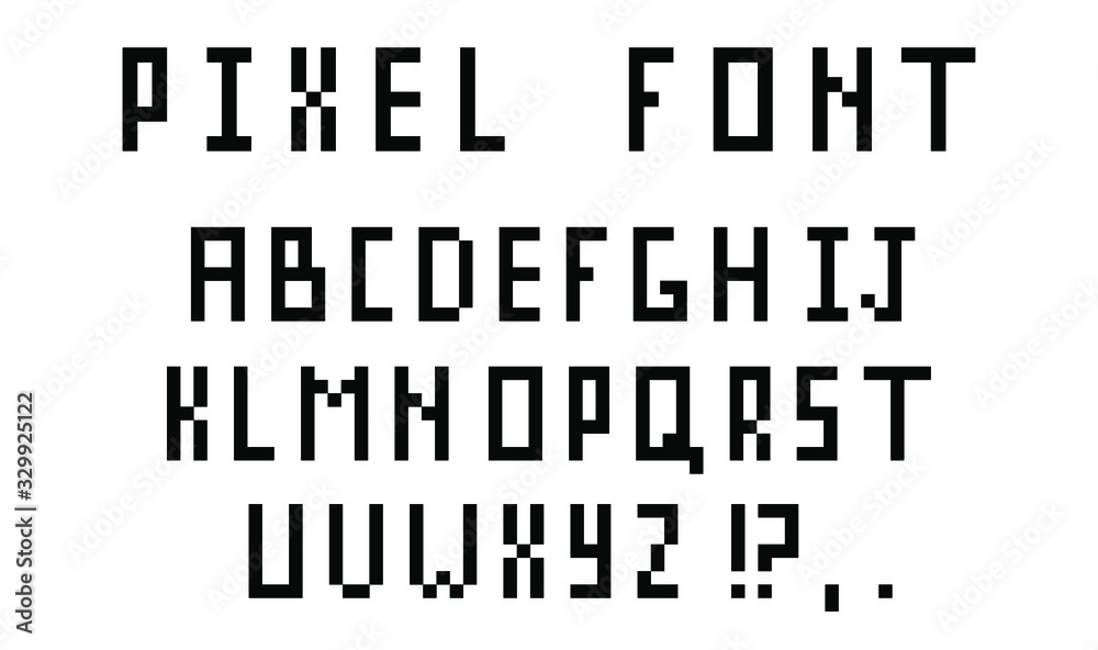 Poster Pixel alphabet letters and punctuation marks. Modern stylish font or typeface for headline in style of 80's retro video game, vintage computer typography.
