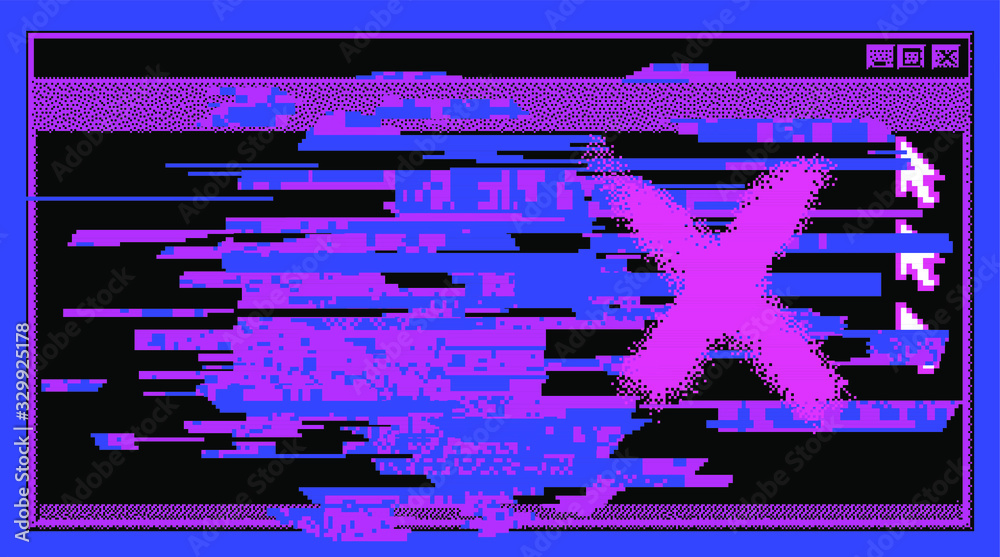 Poster Computer screen with glitched pixels and noise. VHS camera effect like in old videotape rewind. 
