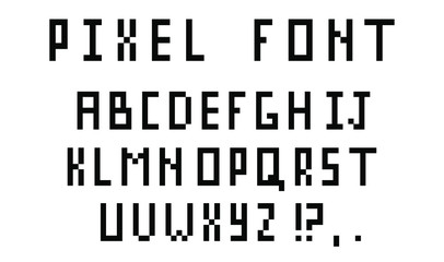 Pixel alphabet letters and punctuation marks. Modern stylish font or typeface for headline in style of 80's retro video game, vintage computer typography.