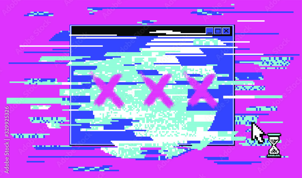 Poster Computer screen with glitched pixels and noise. VHS camera effect like in old videotape rewind. 