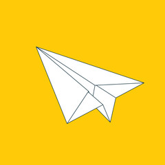 Paper plane flat linear icon isolated on yellow background. Contour symbol of a papercraft origami airplane. Vector line eps8 illustration.