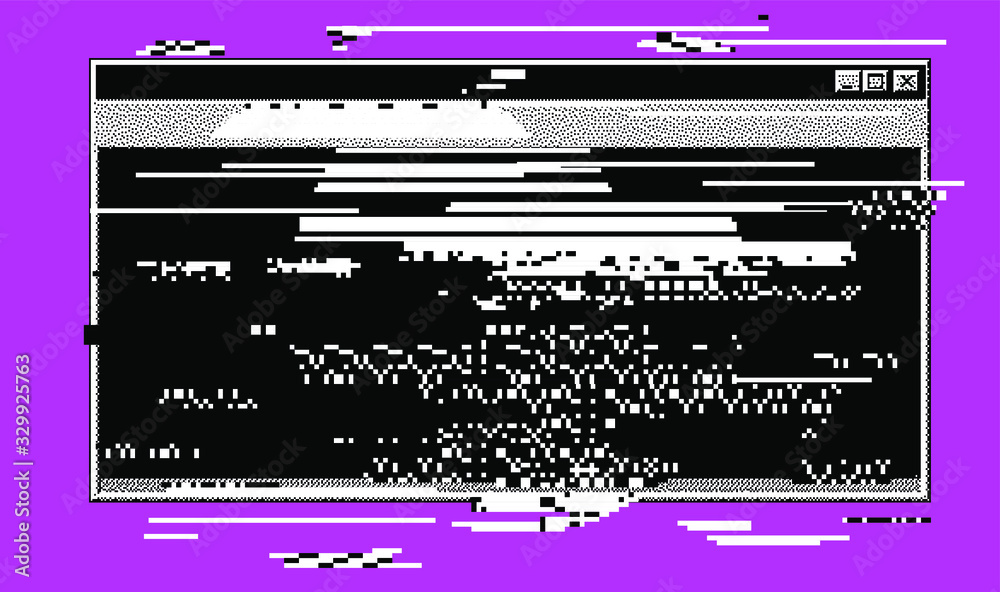 Poster Computer screen with glitched pixels and noise. VHS camera effect like in old videotape rewind. 