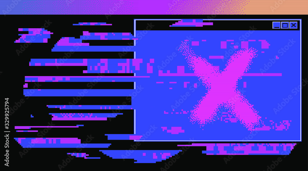 Poster Computer screen with glitched pixels and noise. VHS camera effect like in old videotape rewind. 
