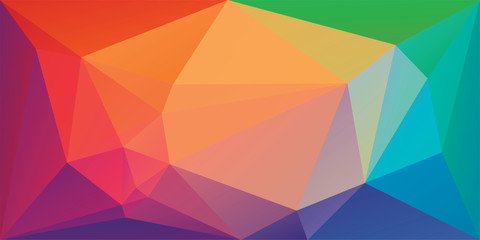 Low poly triangular background in bright rainbow colors. Colorful polygonal banner template. Multicolor backdrop in origami style. Vector eps8 illustration with irregular triangles.