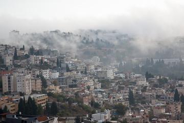 Nazareth on a rainy morning with low clouds