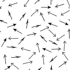 Hand drawn straight tribal arrows randomly placed on white background. Seamless pattern. Right, left, up and down abstract pointers with arrowheads wrapping texture. Vector eps8 illustration.