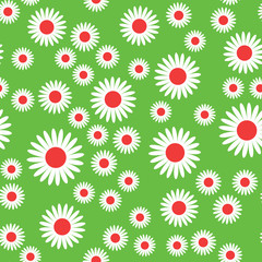 Simple flat flowers seamless pattern. Colorful blossom randomly placed on green background. Abstract stylized florets wrapping floral texture. Vector eps8 illustration.