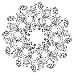 abstract pattern, mandala of stylized galloping horses, monochrome image on a white background