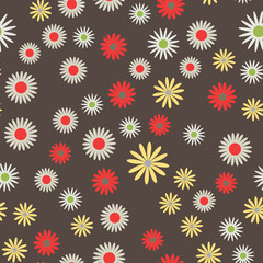 Simple flat flowers seamless pattern. Colorful blossom randomly placed on brown background. Abstract stylized florets wrapping floral texture. Vector eps8 illustration.