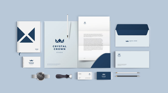 Stationery design mock up set for corporate identity or branding. Dark blue color style and grey background. Realistic top view corporate style set.