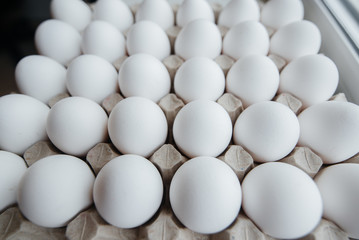 Tray of white fresh eggs close-up on a cardboard form. Agricultural industry