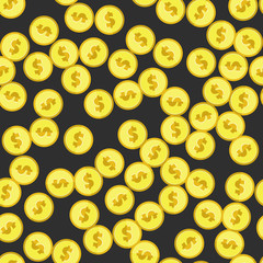 Fototapeta premium Golden coins with dollar sign seamless pattern. Wrapping background with repeating USA currency symbols in gold colors. Money icons randomly placed on black. Vector eps8 illustration.