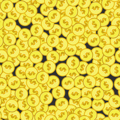 Fototapeta premium Abstract golden coins with dollar sign seamless pattern. Wrapping background with repeating USA currency symbols in gold colors randomly placed on black. Vector eps8 illustration.