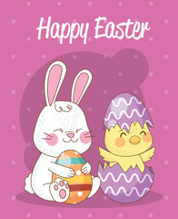 happy easter seasonal card with chick and rabbit in eggs painted