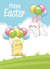 Obraz na płótnie Canvas happy easter seasonal card with chick and rabbit in balloons helium