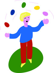 Man in a yellow sweater and blue trousers juggles Easter eggs and smiles, illustration in flat style