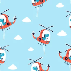 Stickers pour porte Animaux en transport Hélicoptère de dessin à la main et illustration vectorielle de dinosaure mignon.