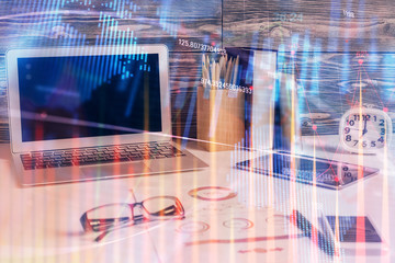 Fototapeta premium Multi exposure of forex graph and work space with computer. Concept of international online trading.