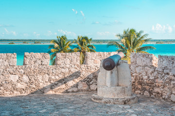 Fort of Bacalar, in front of turquoise Lagoon, in Riviera Maya, near Cancun, Mexico