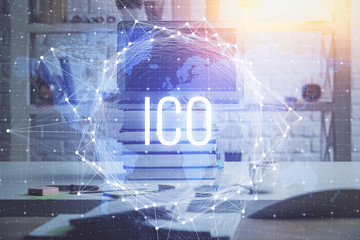 Multi exposure of blockchain and crypto economy theme hologram and table with computer background....