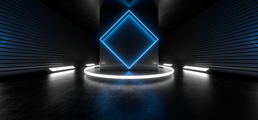 Dark tunnel with bright blue neon lights on a black background. 3d rendering image.