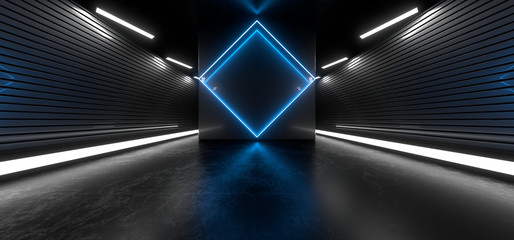 Dark tunnel with bright blue neon lights on a black background. 3d rendering image.