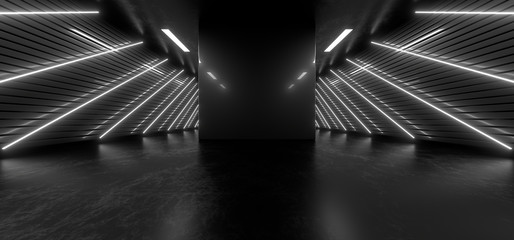 Naklejka premium Dark hall with bright white neon lights on a black background. 3d rendering image.