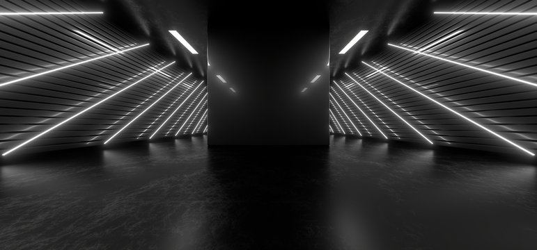 Dark hall with bright white neon lights on a black background. 3d rendering image.