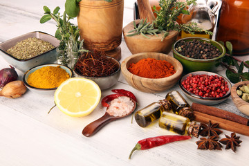Spices and herbs on table. Food and cuisine ingredients with pepper