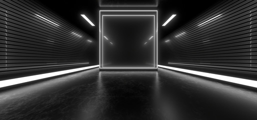 Dark hall with bright white neon lights on a black background. 3d rendering image.