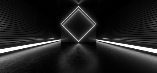 Dark hall with bright white neon lights on a black background. 3d rendering image.