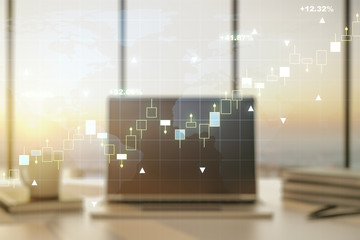 Multi exposure of abstract financial graph with world map on modern computer background, financial and trading concept