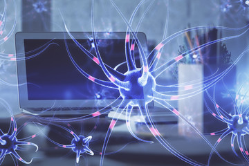 Desktop computer background and neuron drawing. Double exposure. Education concept.
