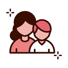 mothers day, woman and son portrait cartoon line and fill style icon
