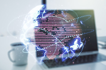 Double exposure of abstract digital world map with connections on computer background, big data and blockchain concept