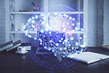 Double exposure of work table with computer and brain sketch hologram. Brainstorming concept.