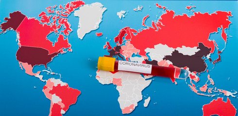 World map of Coronavirus and blood sample. Countries with Covid-19, Covid 19 map confirmed cases...