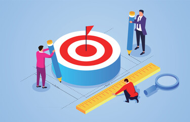Three businessmen holding ruler and pencil to measure the size of the target