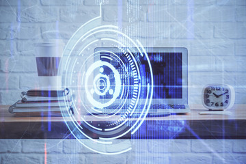 Obraz premium Technology theme drawing and table with computer. Double exposure. Concept of information.