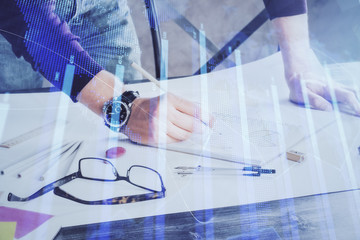 Multi exposure of man standing and planing investment with stock market forex chart.