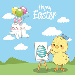 happy easter seasonal card with chick and rabbit in the field