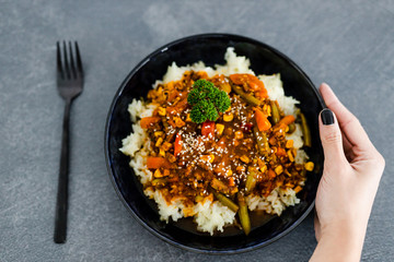 vegan mexican style rice with spicy beans and mixed veggies