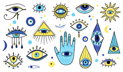 Evil eyes icon set, various talismans in hand drawn style. 