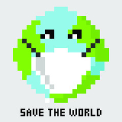 Fototapeta premium Wearing protective medical mask for prevent virus covid19 and pm2.5, Pixel art of Earth image wearing Mask with message 