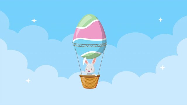 happy easter animated card with rabbit in egg painted balloon air hot