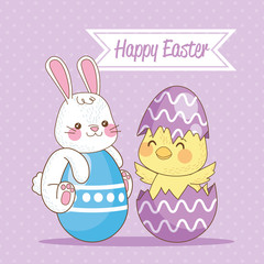 happy easter seasonal card with chick and rabbit in eggs painted