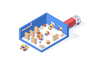 Isometric warehouse box truck pallet and forklift in storage. Delivery and transportation goods vector illustration